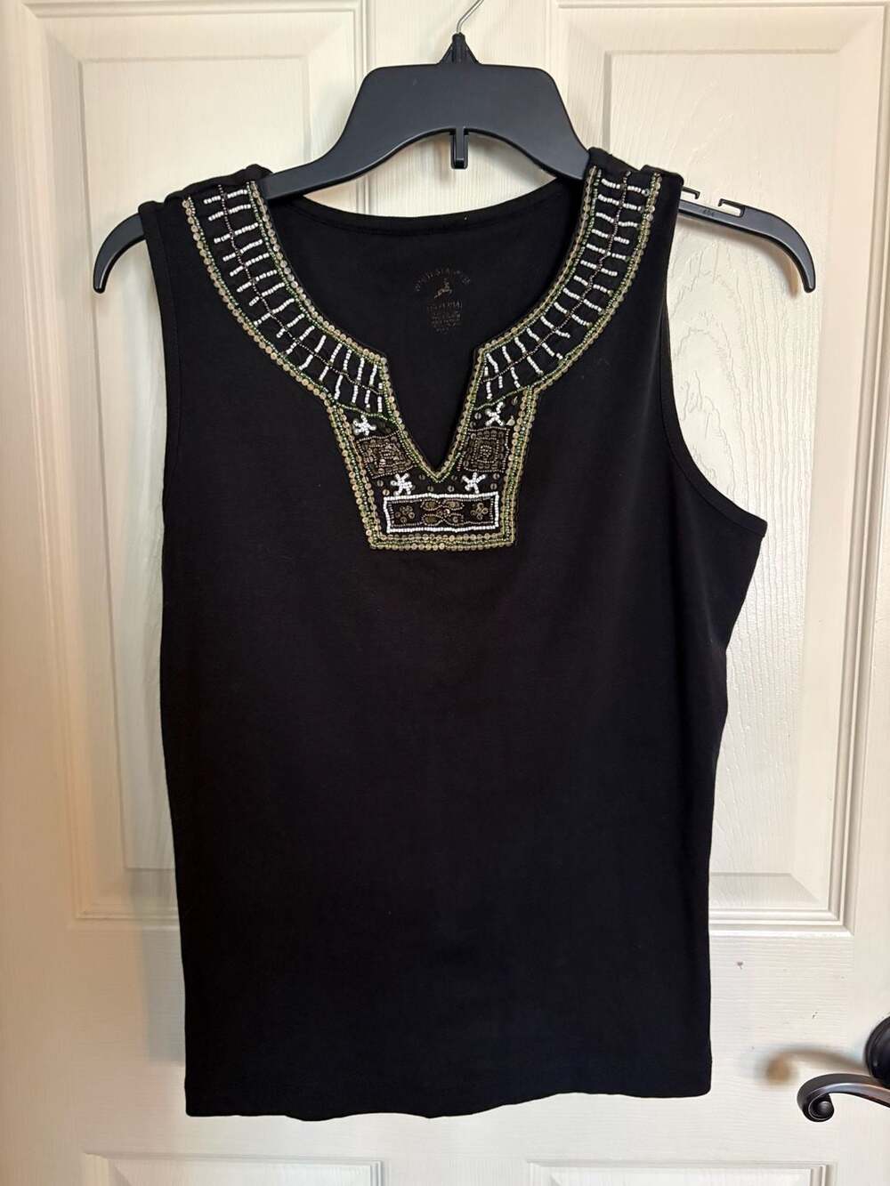 White Stag Black Sleeveless Tank Top with Beaded V-Neck Embellishment